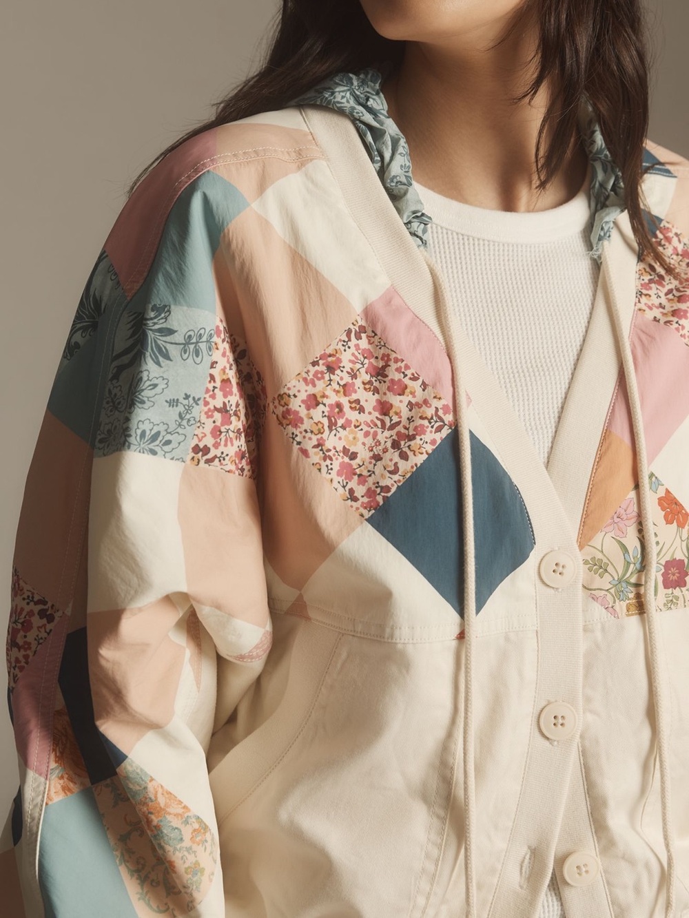 Anthropologie Daily Practice Patchwork Hooded Bomber Jacket - Cream & Multi